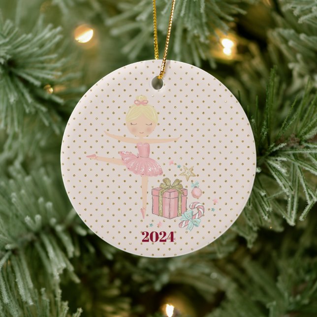 cute pink nutcracker ballerina ceramic tree decoration ( ballerina nutcracker modern cute pink custom name date holiday accents)