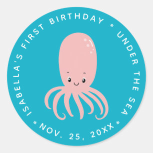 Cute Pink Octopus Under the Sea 1st Birthday Blue Classic Round Sticker