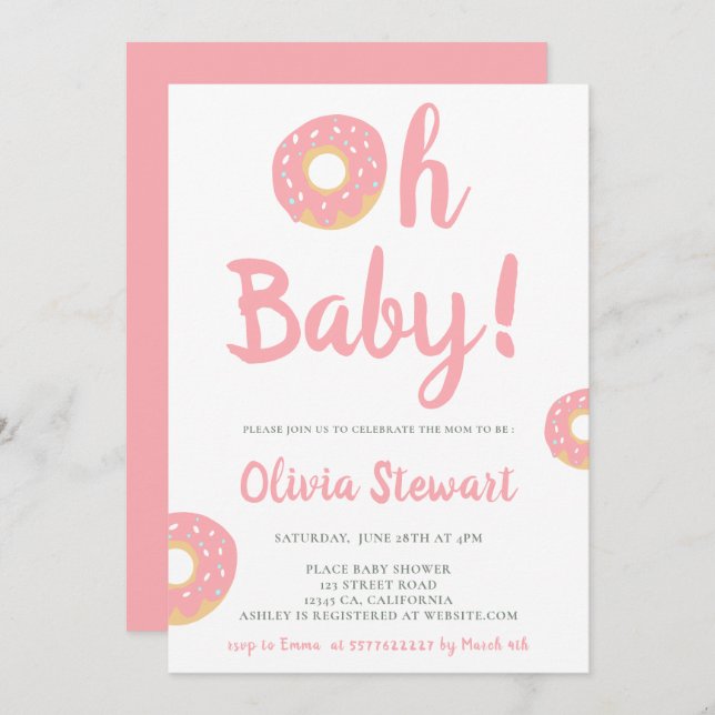 Cute pink oh baby doughnut script baby shower invitation (Front/Back)