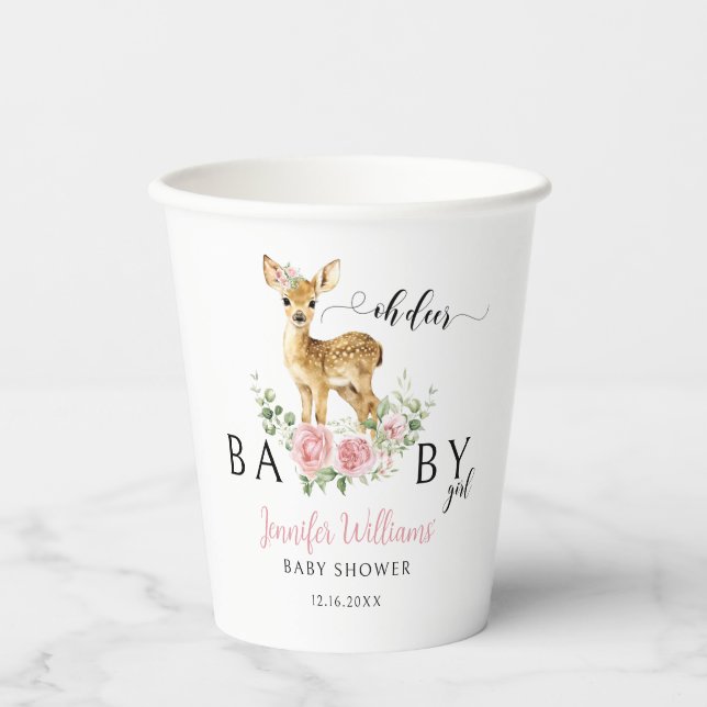 Cute Pink Oh Deer Baby Girl Shower Paper Cups (Front)