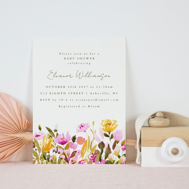 Cute Pink Olive Watercolor Floral Baby Shower Invitation (Creator Uploaded)