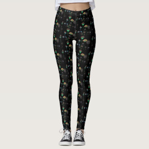 Cute Pink Orange Blue Spring Floral Black Leggings