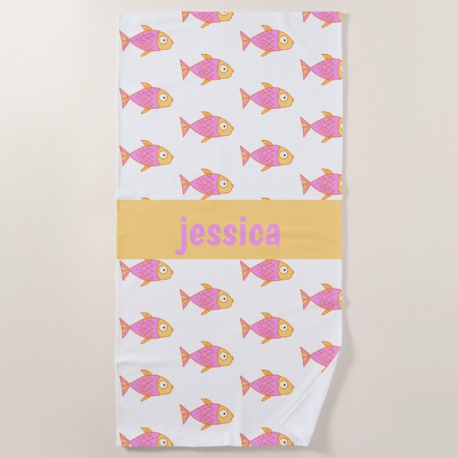 Cute pink & orange fish, personalised beach towel (Front)