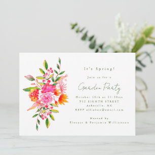 Cute Pink Orange Floral Watercolor Garden Party Invitation