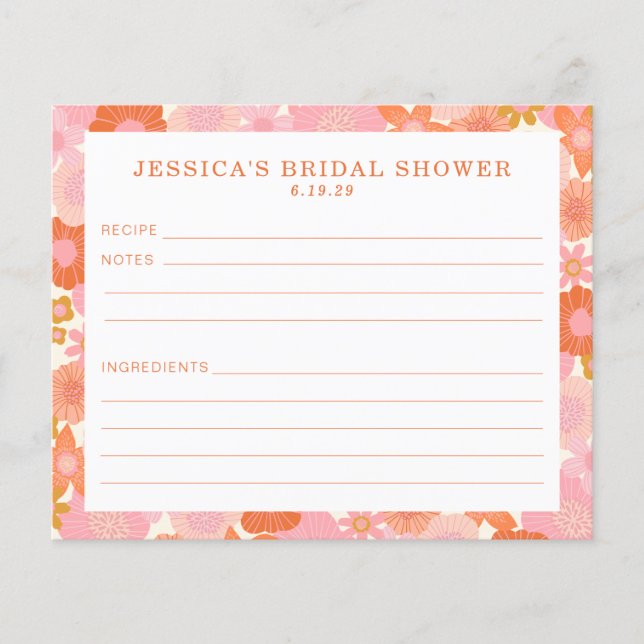 Cute Pink Orange Flowers Bridal Shower Recipe Card (Front)