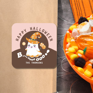 Cute Pink Orange Halloween Boo-tiful Boo Ghost Square Sticker