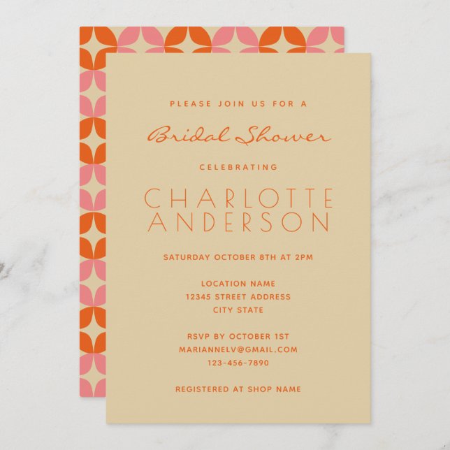 Cute Pink Orange Mid Mod Geometric Bridal Shower Invitation (Front/Back)