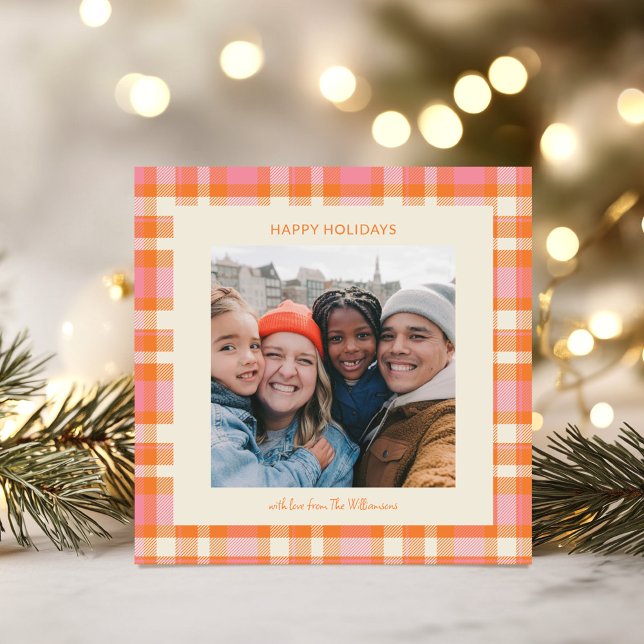 Cute Pink Orange Retro Plaid Christmas Photo Holiday Card (Creator Uploaded)