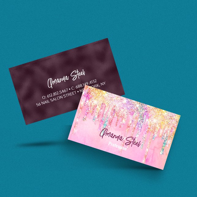 Cute Pink orange Unicorn Glitter Drips monogram Business Card (Creator Uploaded)