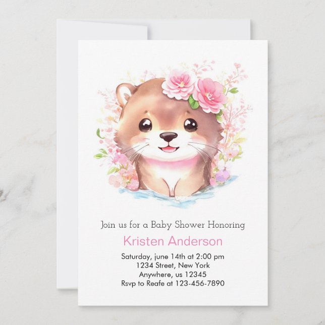 Cute Pink Otter and Wildflowers Girl Baby Shower Invitation (Front)