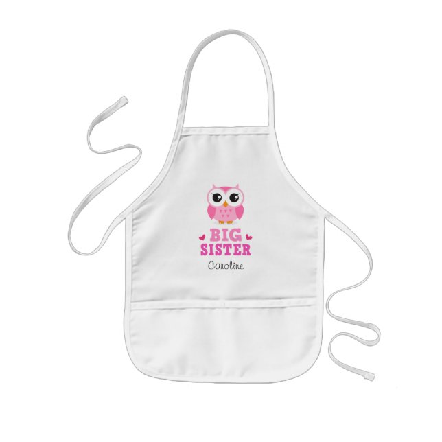 Cute pink owl, big sister personalised name kids apron (Front)