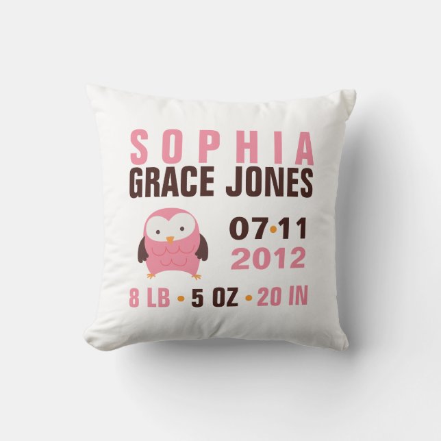 Cute Pink Owl Birth Announcement Cushion (Front)