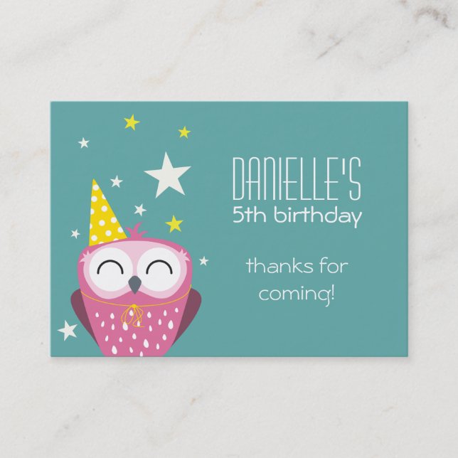 Cute Pink Owl Birthday Thank You Party Favours Business Card (Front)