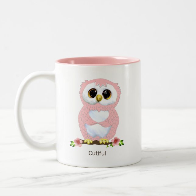 Cute Pink Owl Cartoon & Calligraphy Two-Tone Coffee Mug (Left)