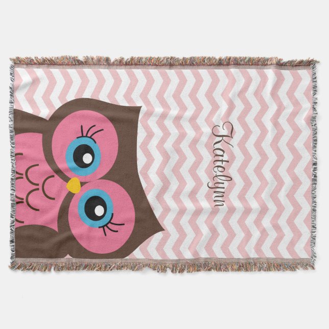 Cute Pink Owl Chevron Zigzag Custom Throw Blanket (Front)