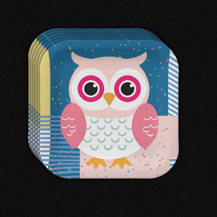 Cute Pink Owl Gender Neutral Woodland Baby Shower Paper Plate