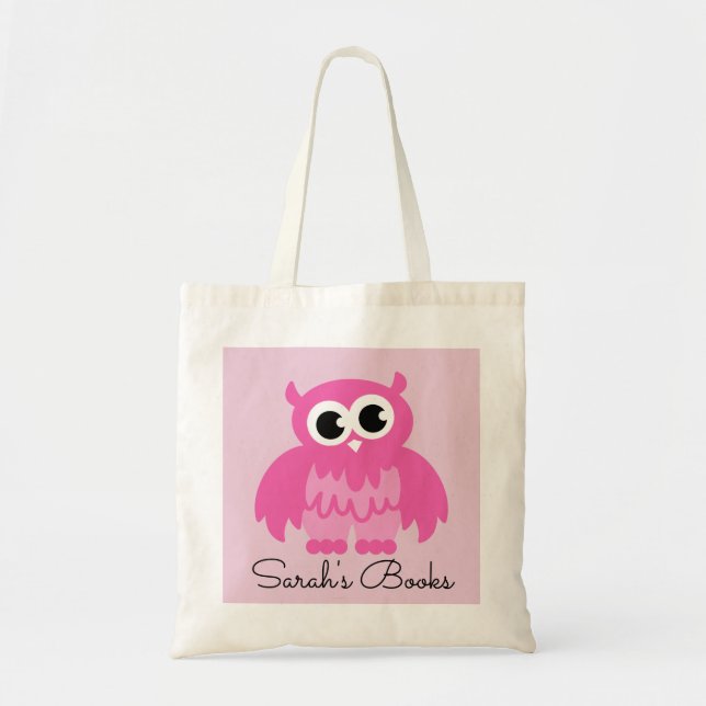 Cute pink owl girls school library book tote bag (Front)