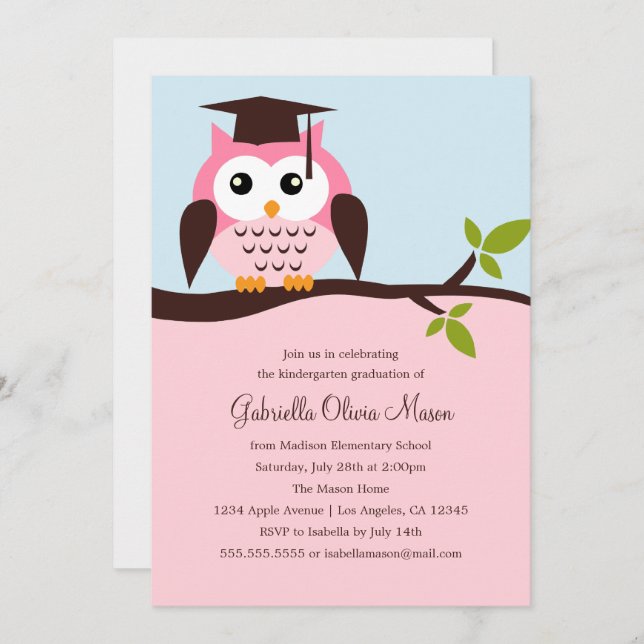 Cute Pink Owl Graduation Party Invitation (Front/Back)