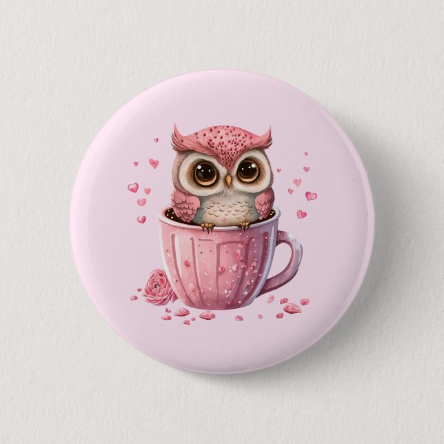 Cute Pink Owl in a Cup 6 Cm Round Badge (Front)
