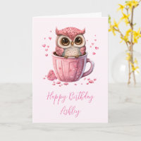 Cute Pink Owl in a Cup Birthday