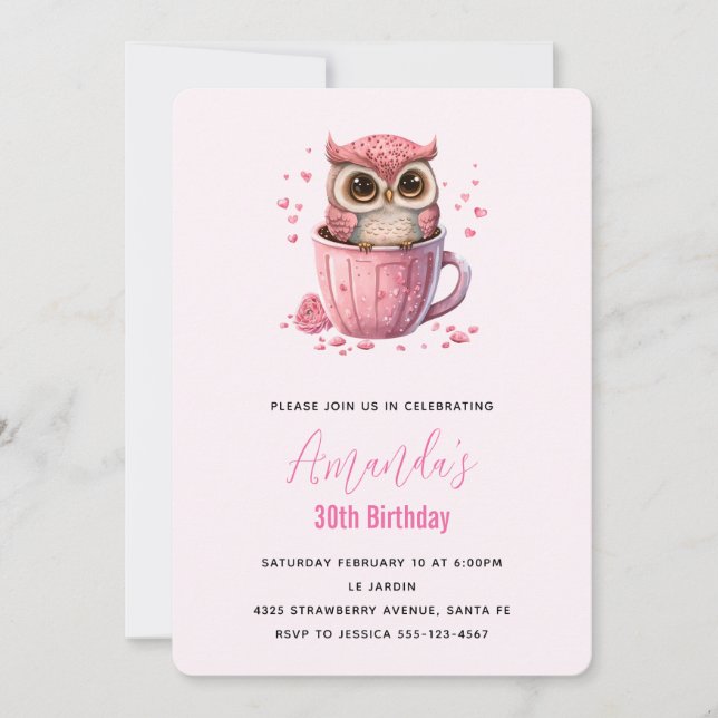 Cute Pink Owl in a Cup Birthday Invitation (Front)