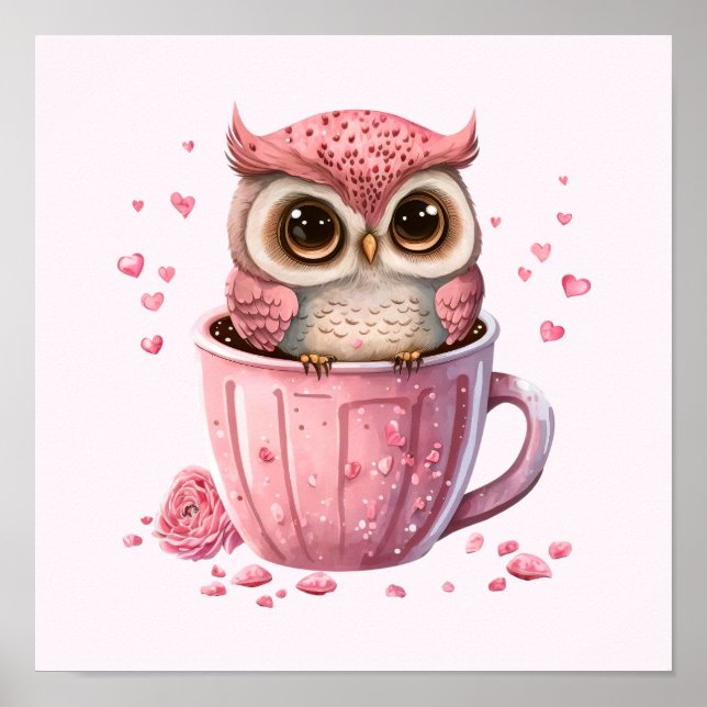 Cute Pink Owl in a Cup Poster (Front)
