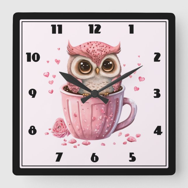 Cute Pink Owl in a Cup Square Wall Clock (Front)
