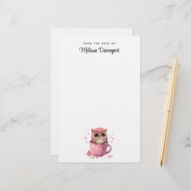Cute Pink Owl in a Cup Stationery (Front/Back In Situ)