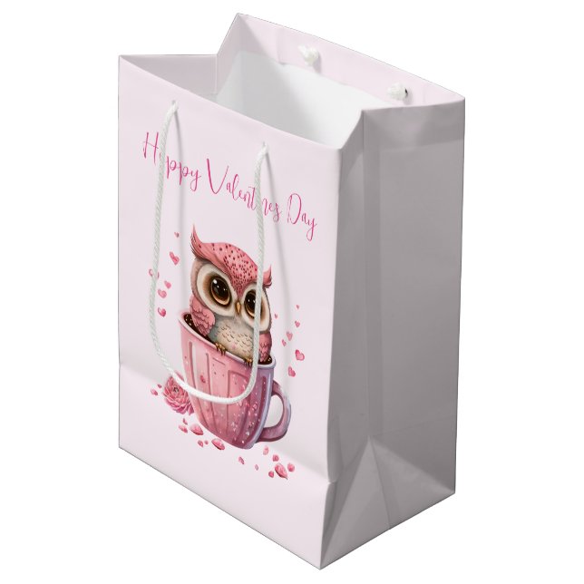 Cute Pink Owl in a Cup Valentine's Medium Gift Bag (Front Angled)