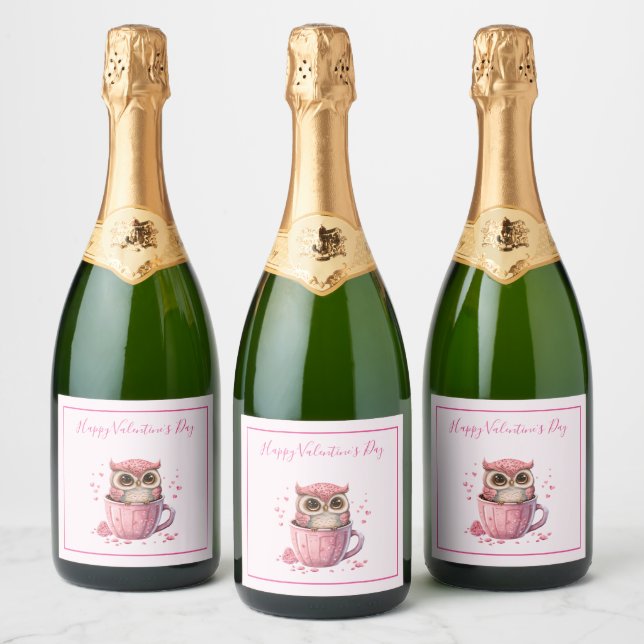 Cute Pink Owl in a Cup Valentine's Sparkling Wine Label (Bottles)