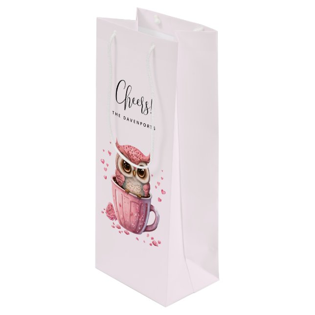 Cute Pink Owl in a Cup Wine Gift Bag (Front Angled)