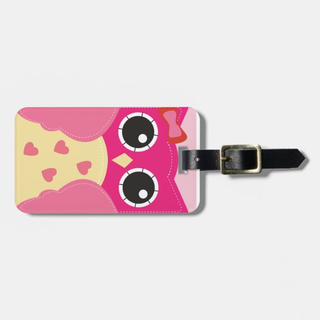 Cute Pink Owl Luggage Tag (Front Horizontal)