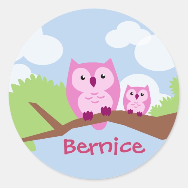 Cute Pink Owl Mum and Baby Classic Round Sticker (Front)