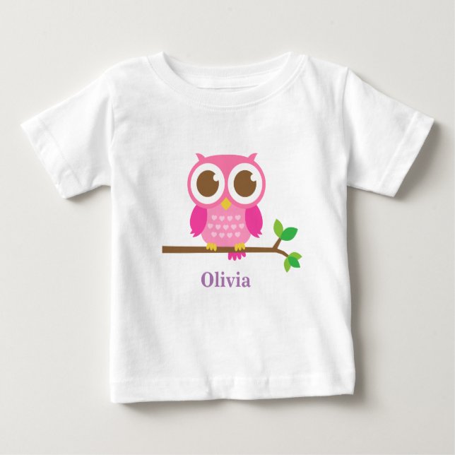 Cute Pink Owl On Branch Baby Girl Personalised Baby T-Shirt (Front)