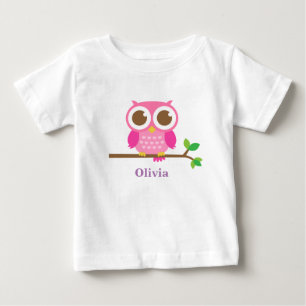 Cute Pink Owl On Branch Baby Girl Personalised T-Shirt