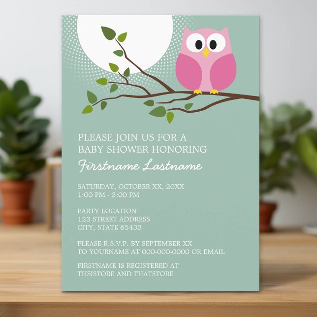 Cute Pink Owl on Branch Baby Girl Shower Invitation (Custom Invitation with Download Option)