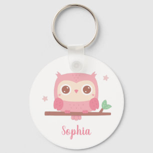 Cute Pink Owl On Branch, Girls Personalized Key Ring