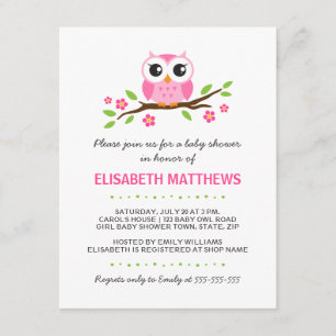 Cute pink owl on floral branch girl baby shower invitation