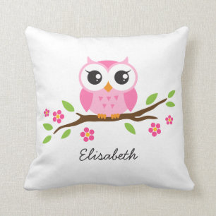 Cute pink owl on floral branch personalised name cushion