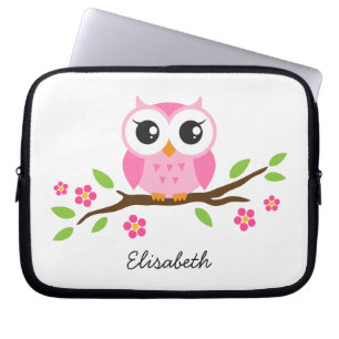 Cute pink owl on floral branch personalised name laptop sleeve
