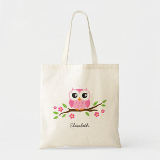 Cute pink owl on floral branch personalised name tote bag