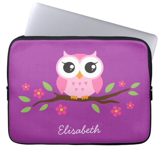 Cute pink owl on floral branch purple custom name laptop sleeve (Front)