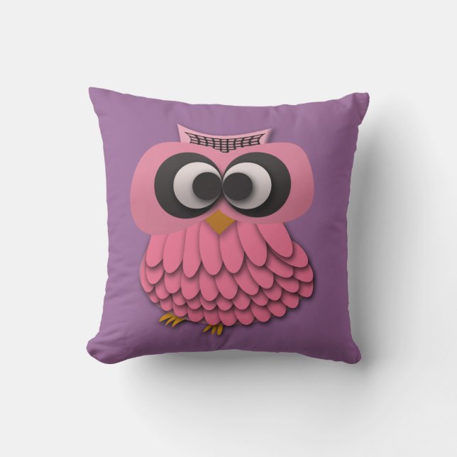Cute Pink Owl on Purple Pillow (Front)