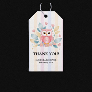 Cute Pink Owl Pastel Floral Design Baby Shower Gift Tags