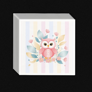 Cute Pink Owl Pastel Floral Design Baby Shower Napkin