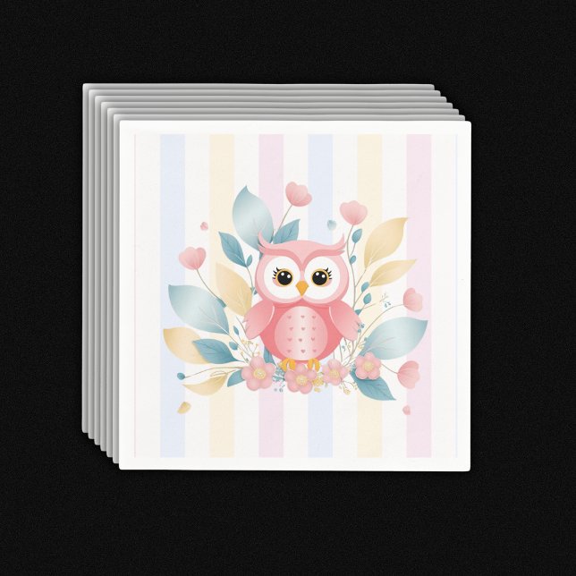 Cute Pink Owl Pastel Floral Design Baby Shower Napkin (Creator Uploaded)
