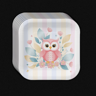 Cute Pink Owl Pastel Floral Design Baby Shower Paper Plate