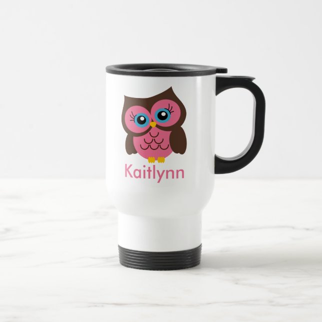 Cute Pink Owl Personalised Travel Mug (Right)