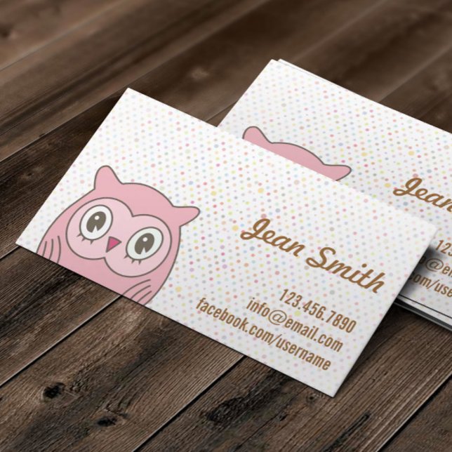 Cute Pink Owl Polka Dots Business Card (Creator Uploaded)