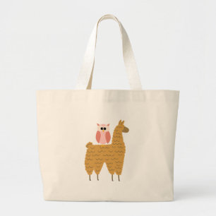 Cute Pink Owl Riding a Llama Large Tote Bag